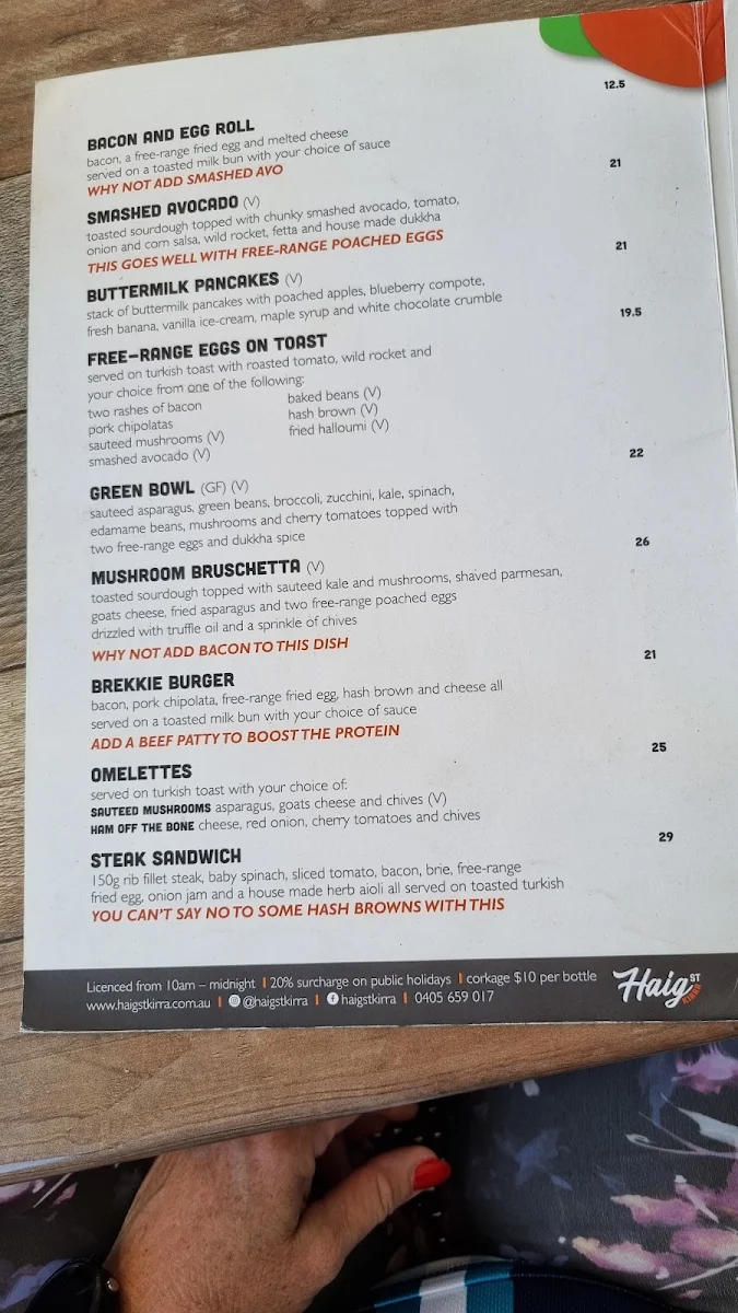 Menu, Haig Street Cafe Kirra