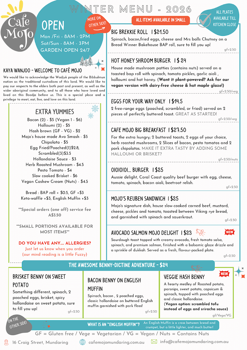 Menu, Cafe Mojo Mundaring