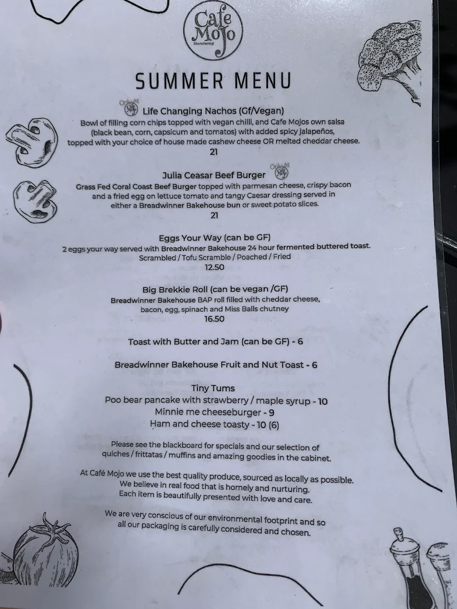 Menu, Cafe Mojo Mundaring