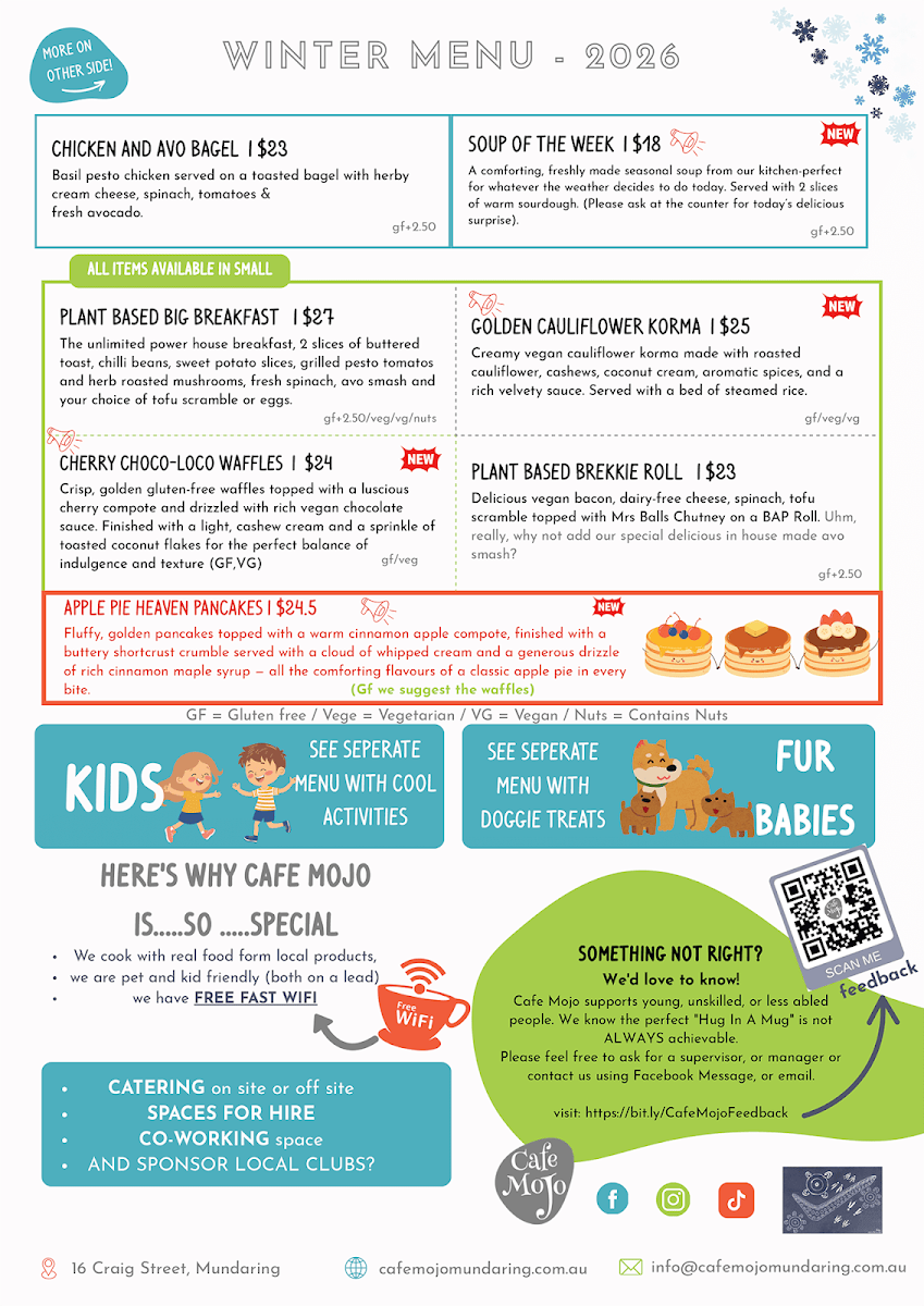 Menu, Cafe Mojo Mundaring