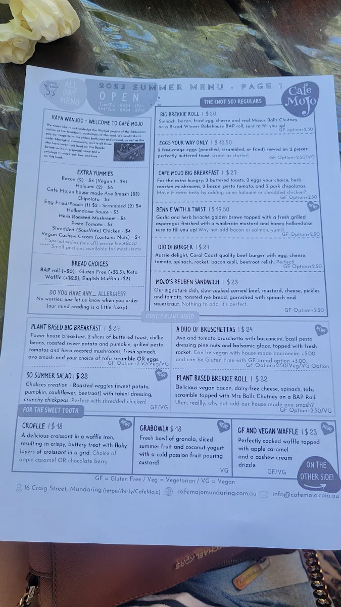 Menu, Cafe Mojo Mundaring