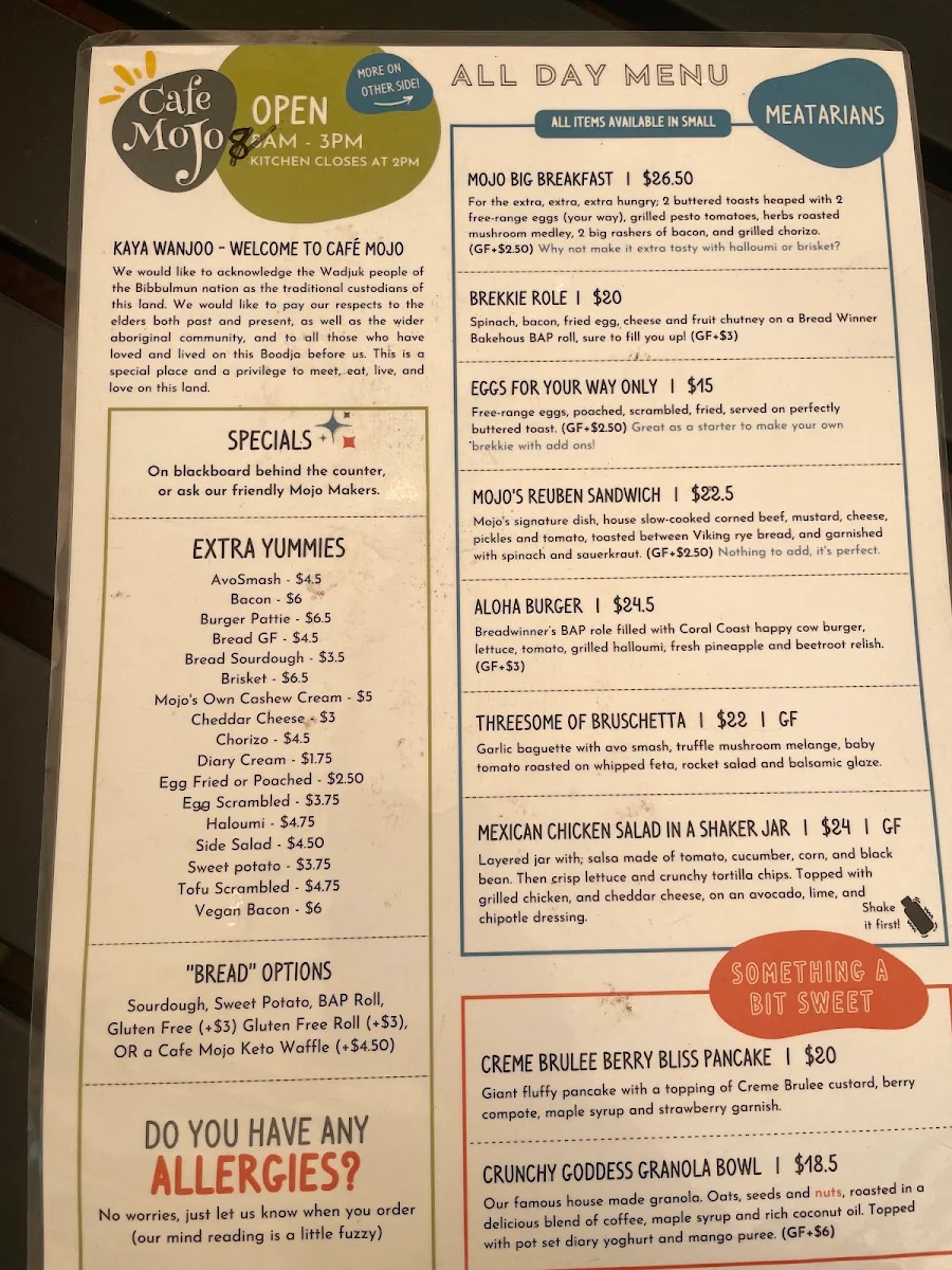 Menu, Cafe Mojo Mundaring