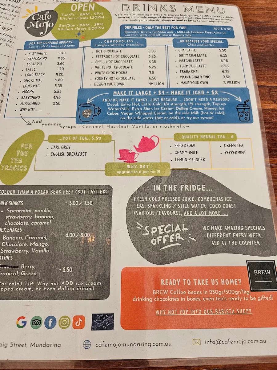 Menu, Cafe Mojo Mundaring