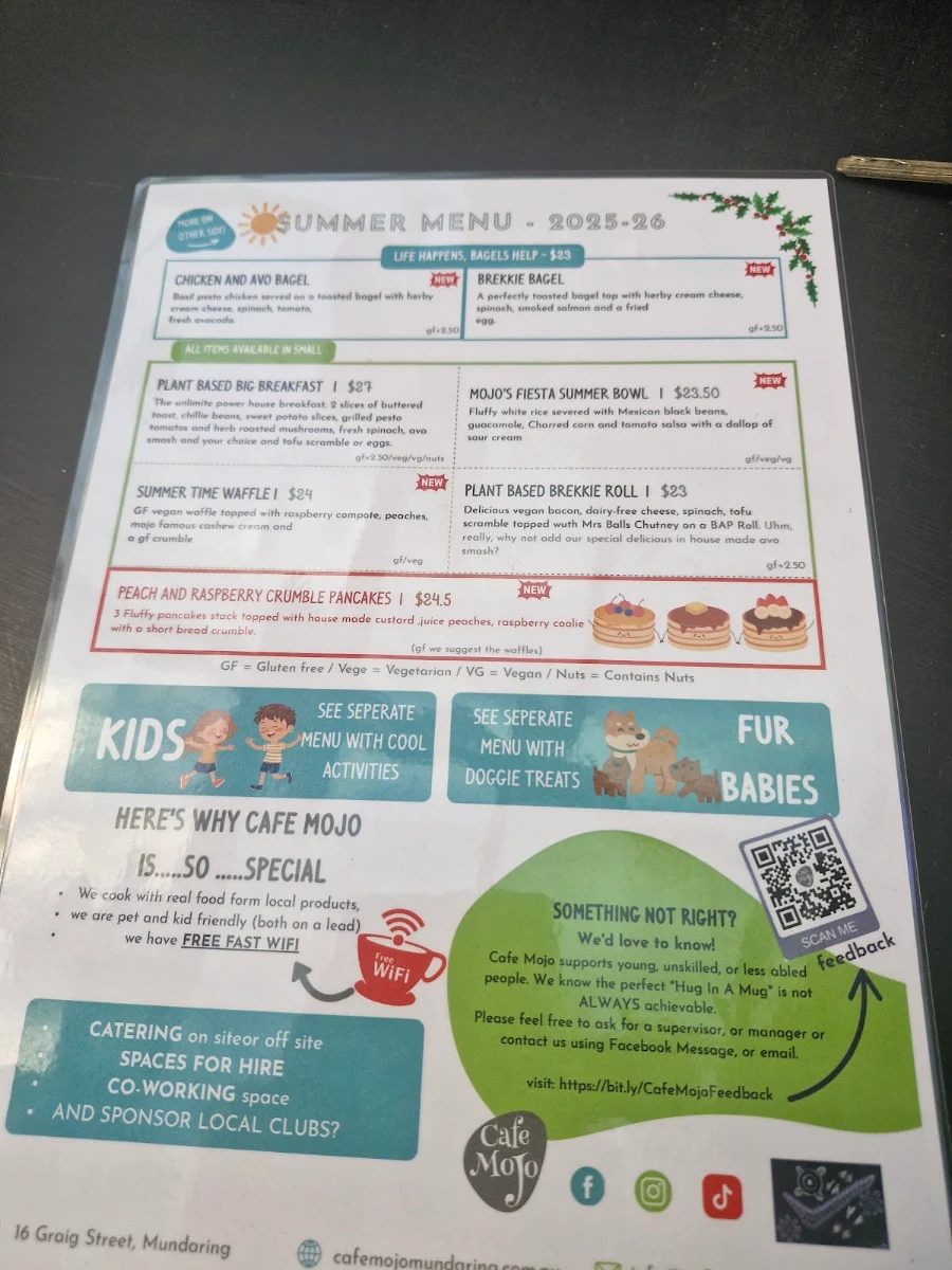 Menu, Cafe Mojo Mundaring