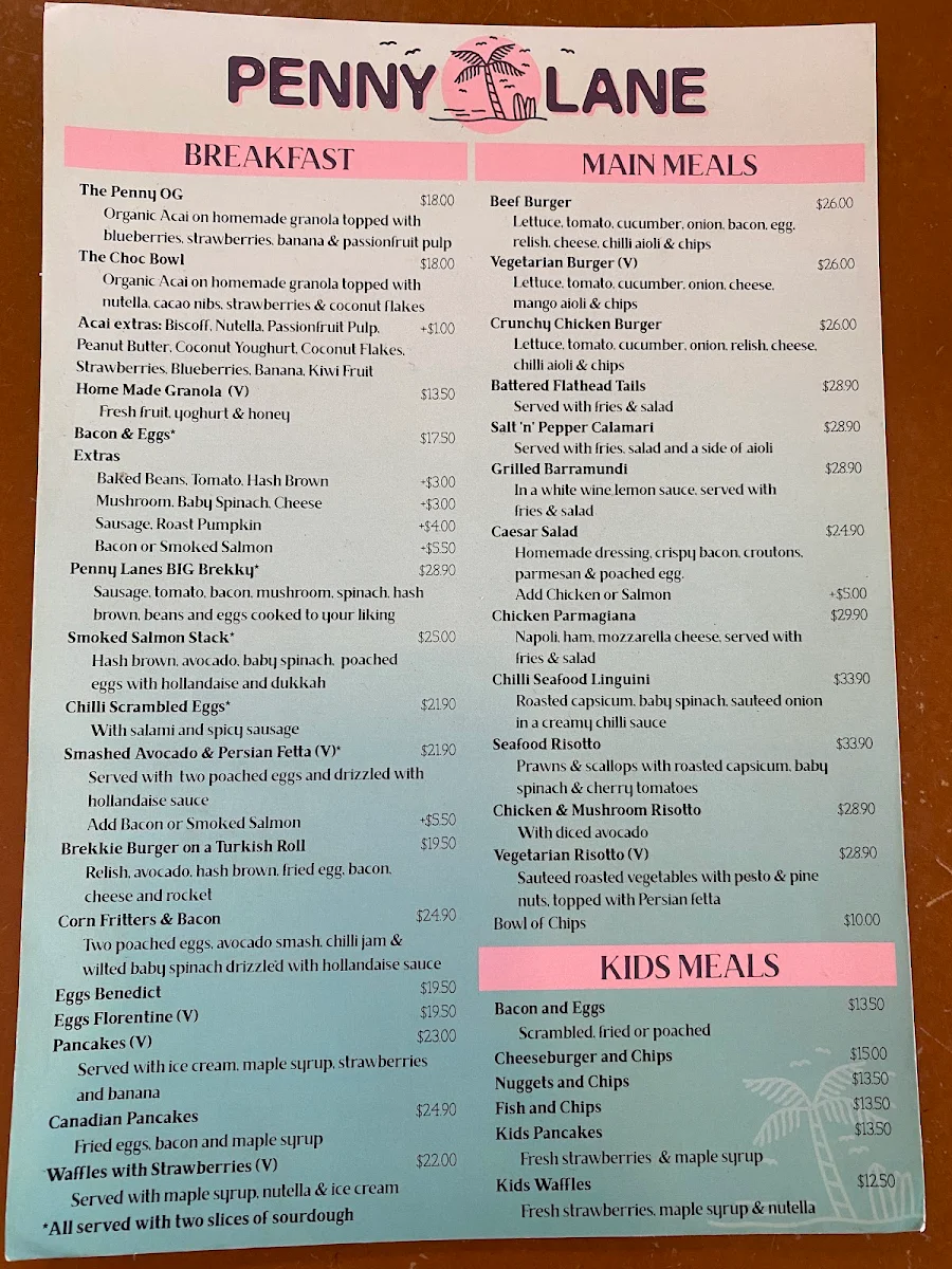 Menu, Penny Lane Island Cafe