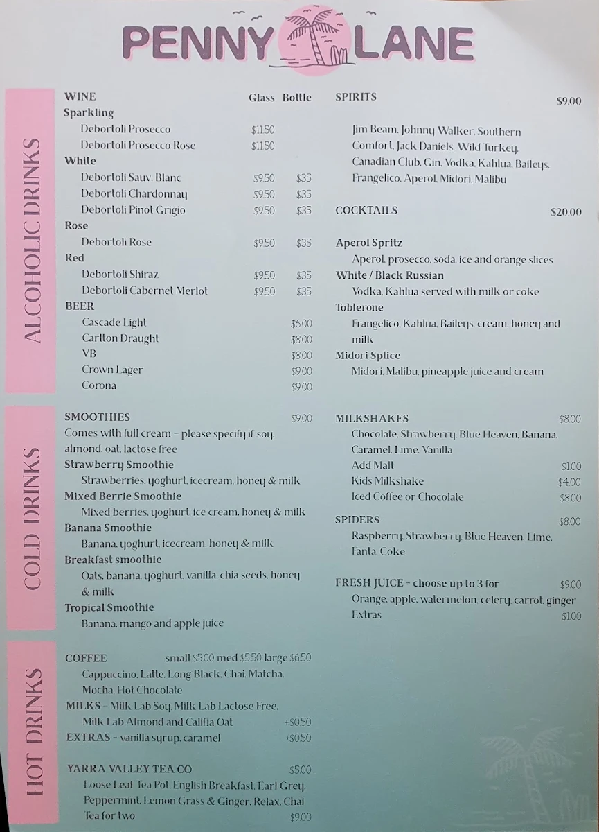 Menu, Penny Lane Island Cafe