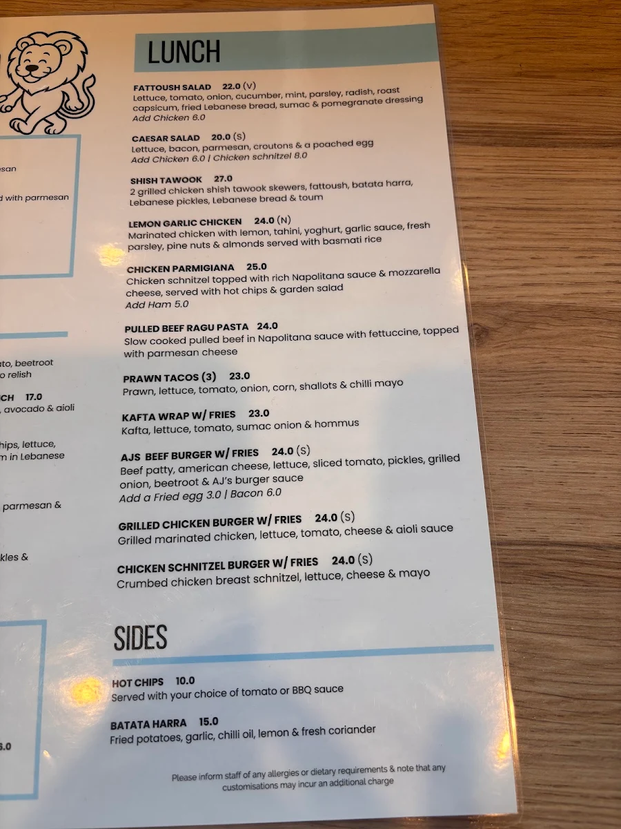 Menu, AJ's Cafe Greystanes