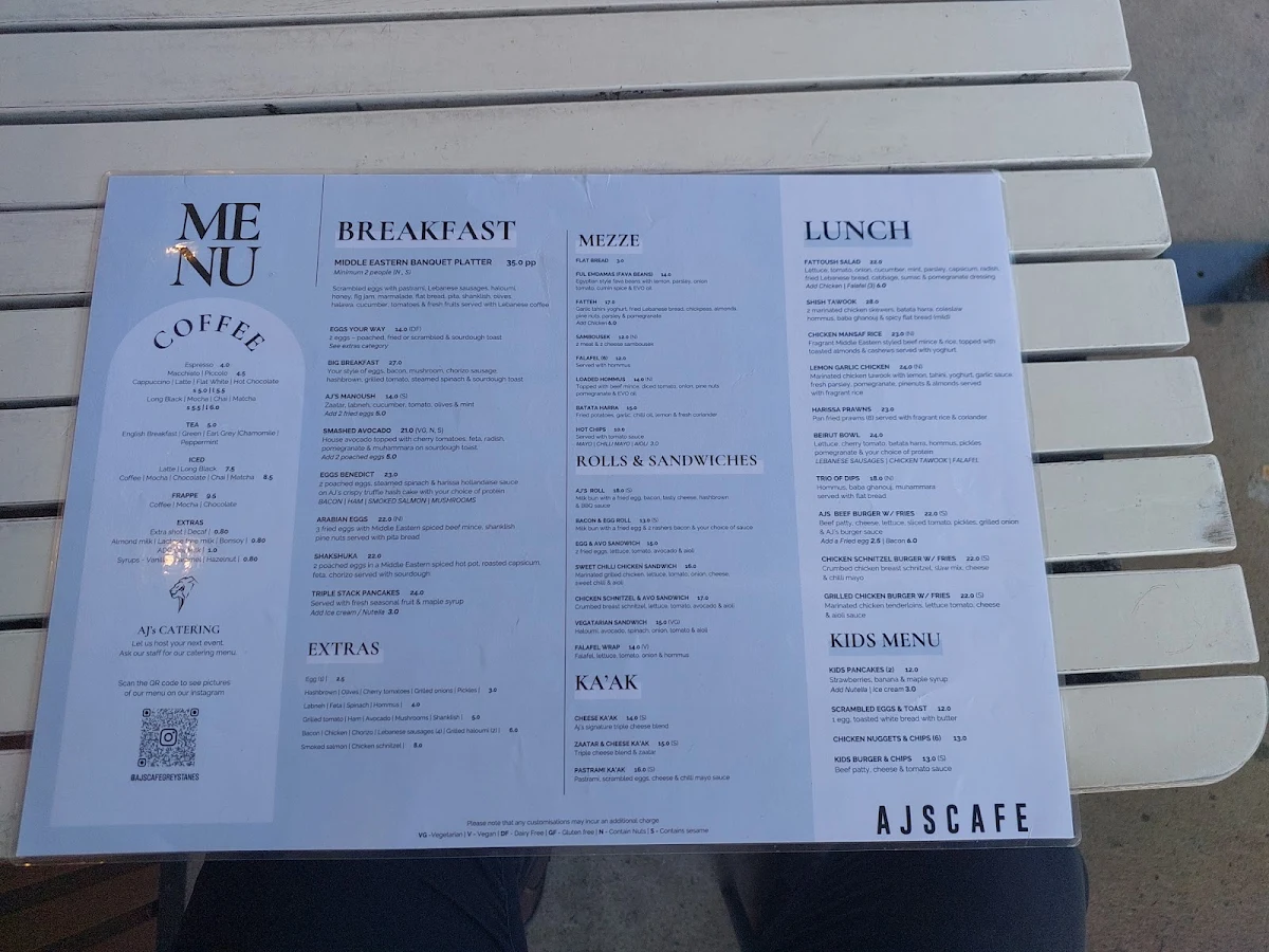 Menu, AJ's Cafe Greystanes
