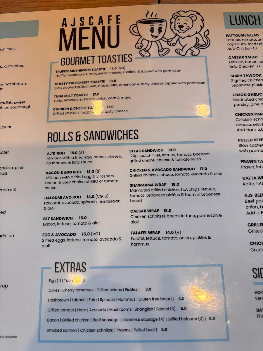 Menu, AJ's Cafe Greystanes
