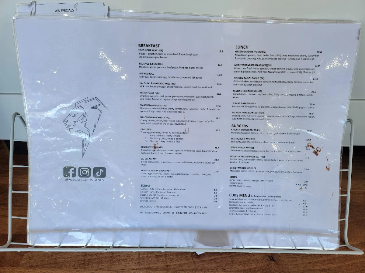 Menu, AJ's Cafe Greystanes
