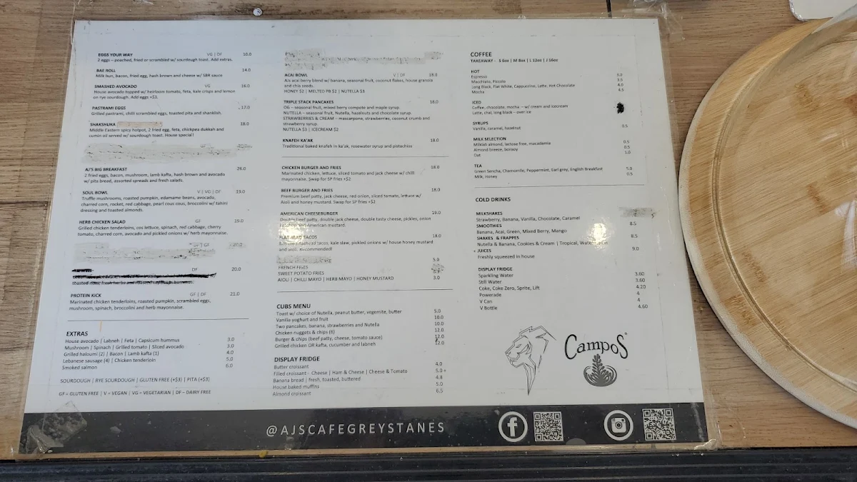 Menu, AJ's Cafe Greystanes