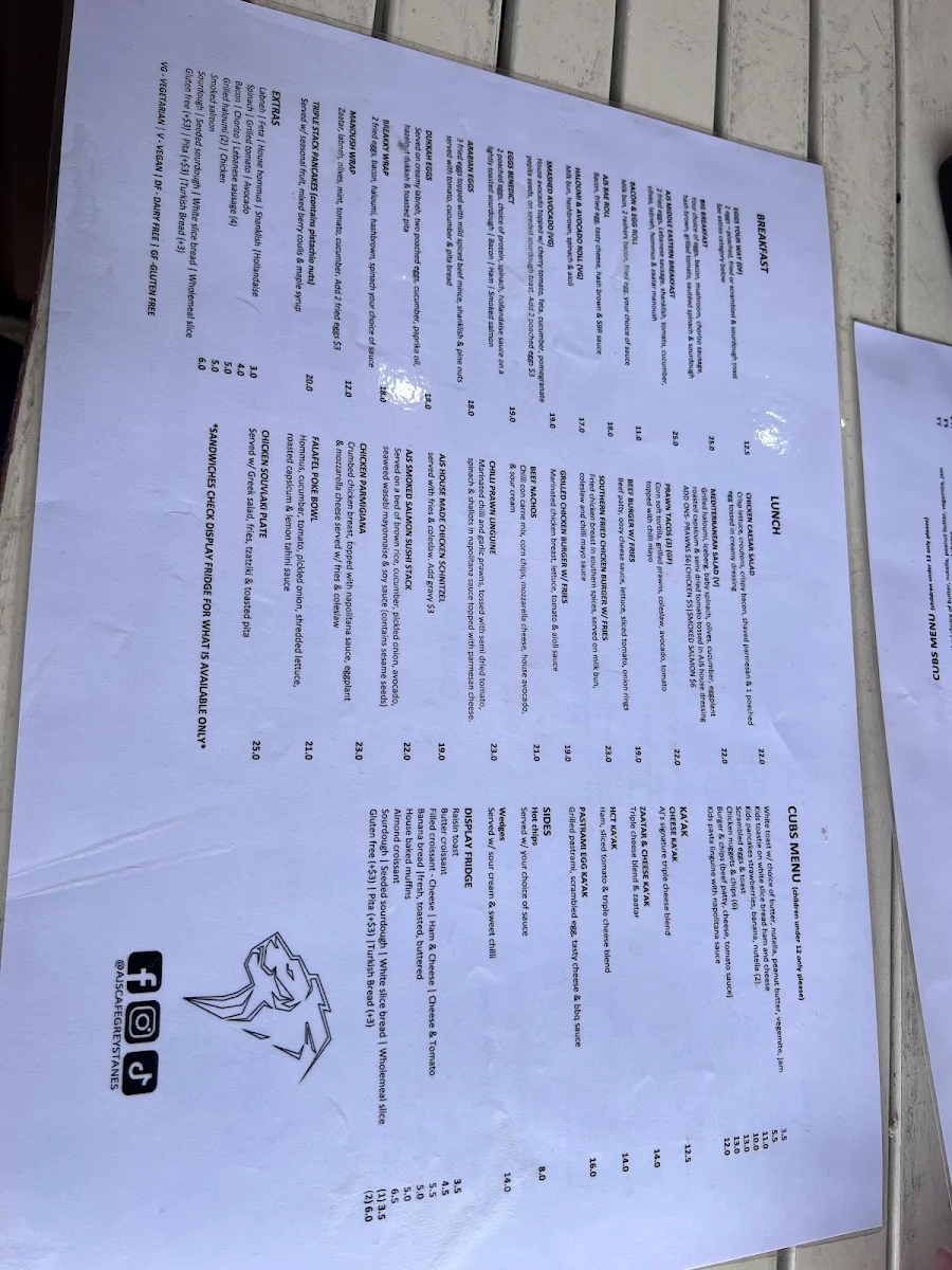 Menu, AJ's Cafe Greystanes