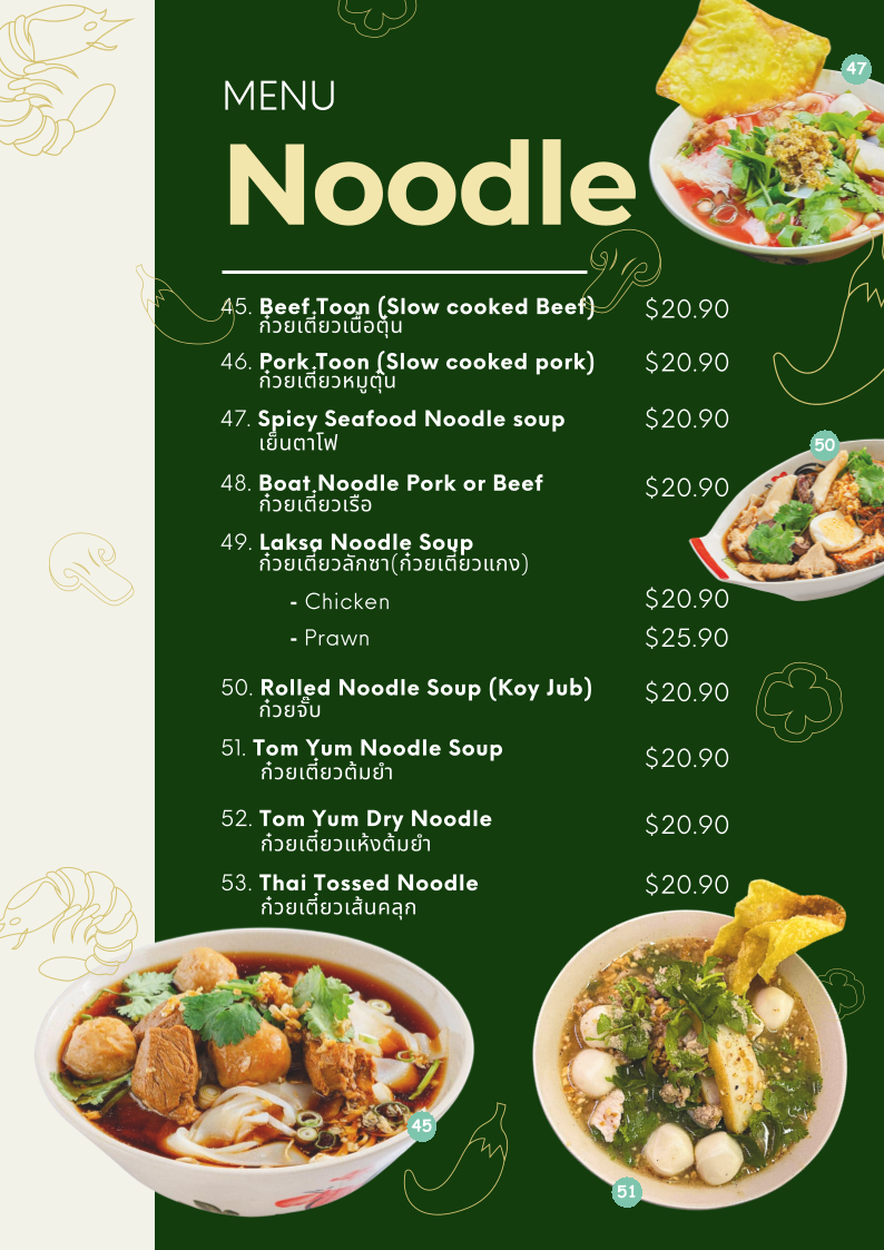 Menu, Jasmine Thai Street Food
