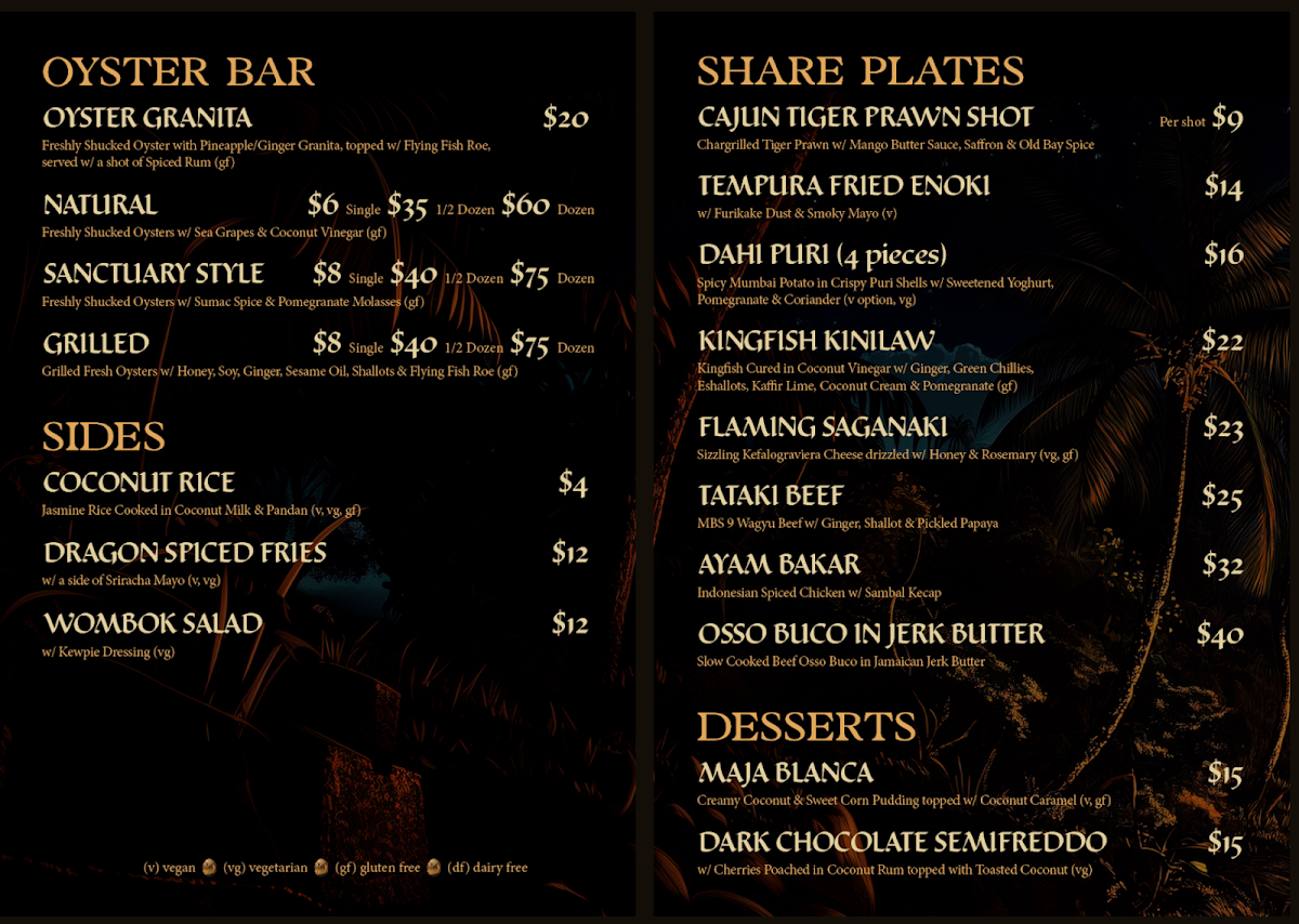 Menu, Baby Dragon Bar