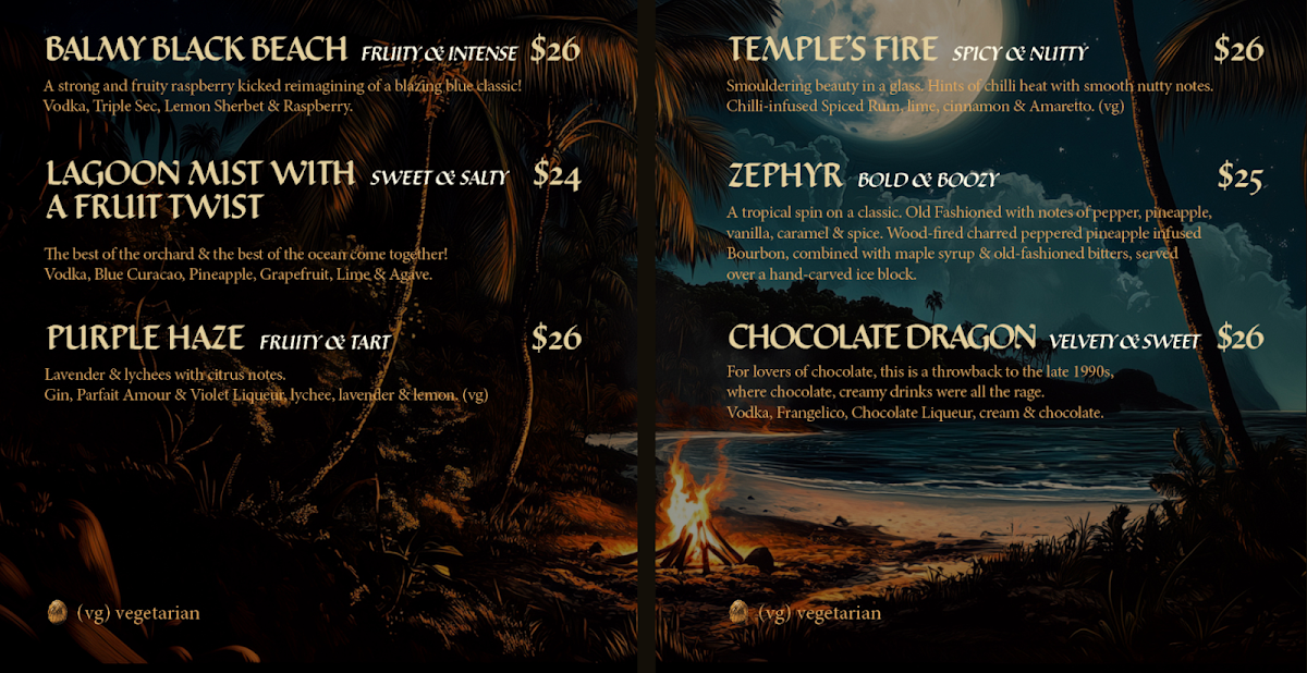 Menu, Baby Dragon Bar