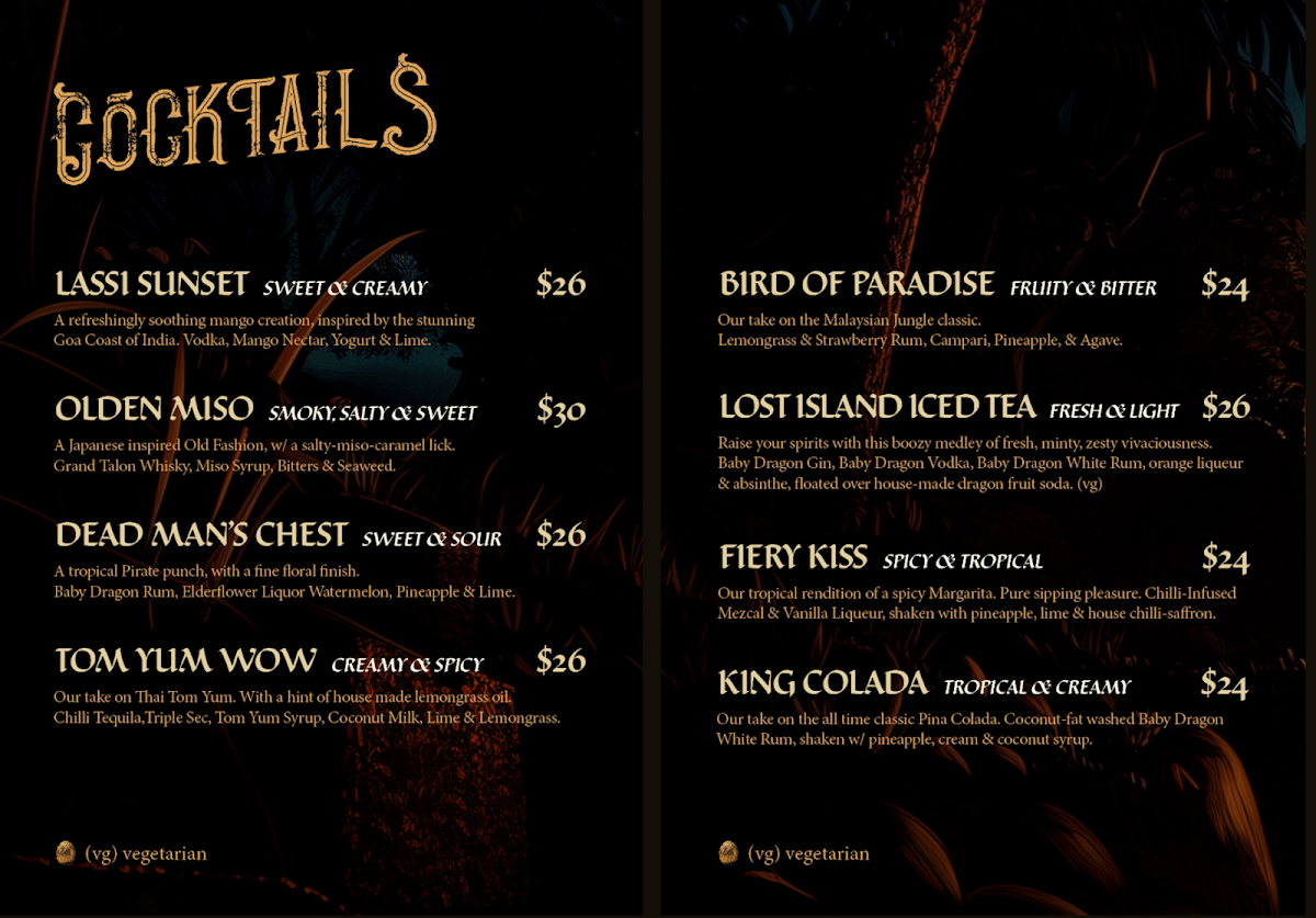 Menu, Baby Dragon Bar