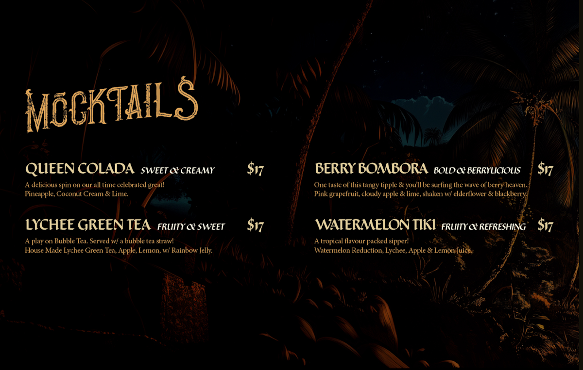 Menu, Baby Dragon Bar