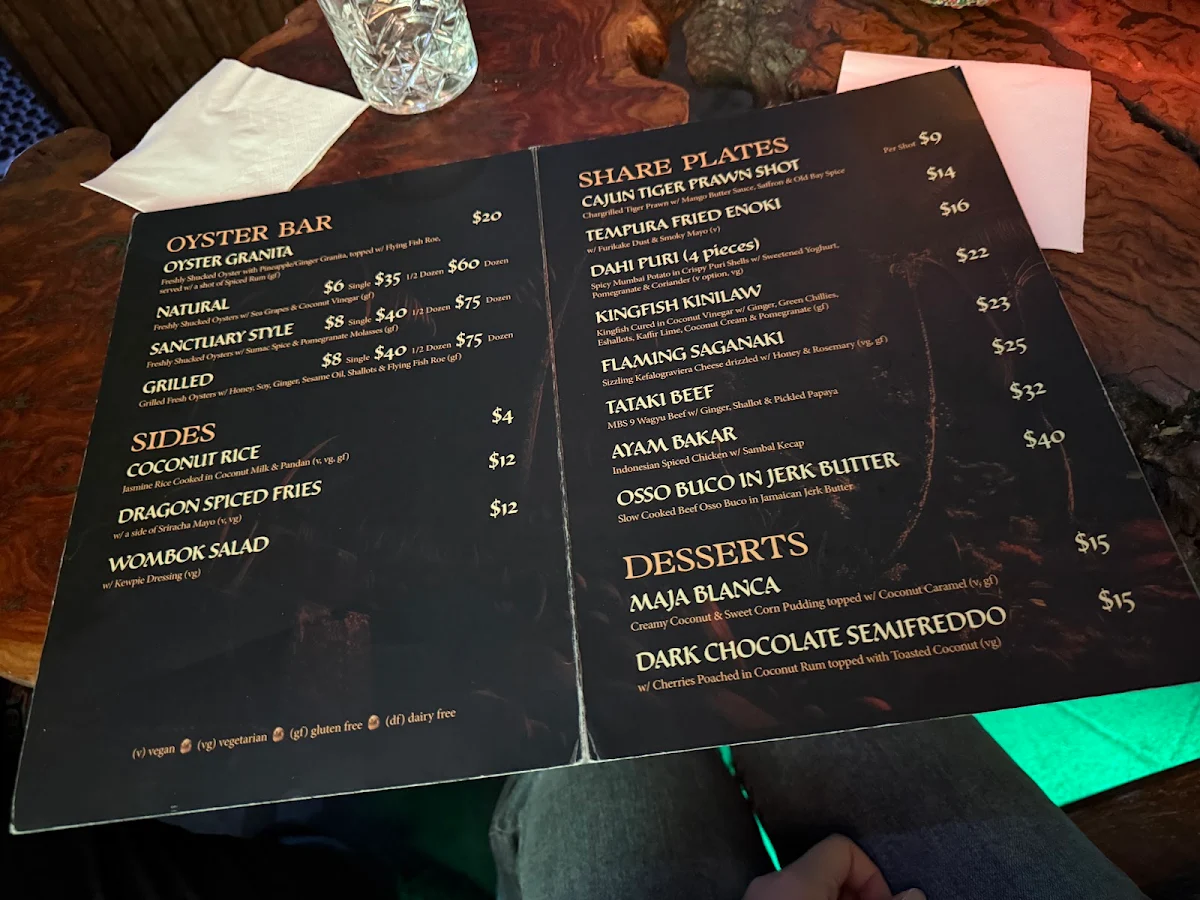 Menu, Baby Dragon Bar