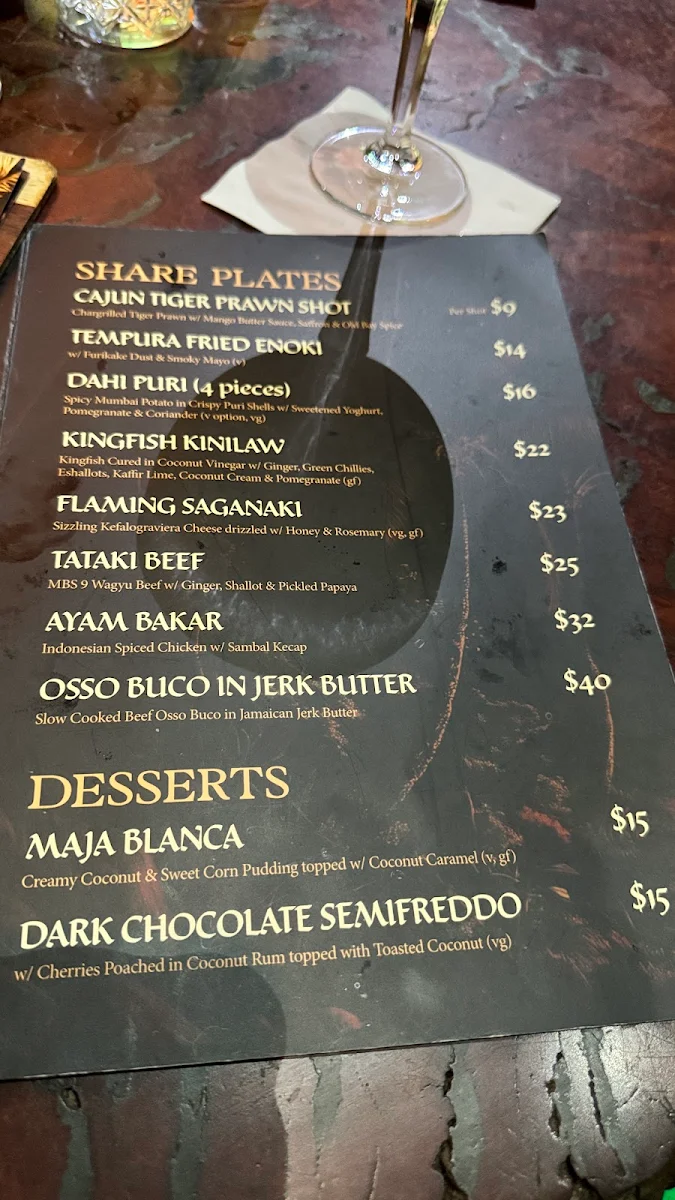 Menu, Baby Dragon Bar