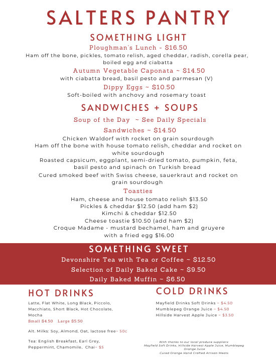 Menu, Salters Café Orange
