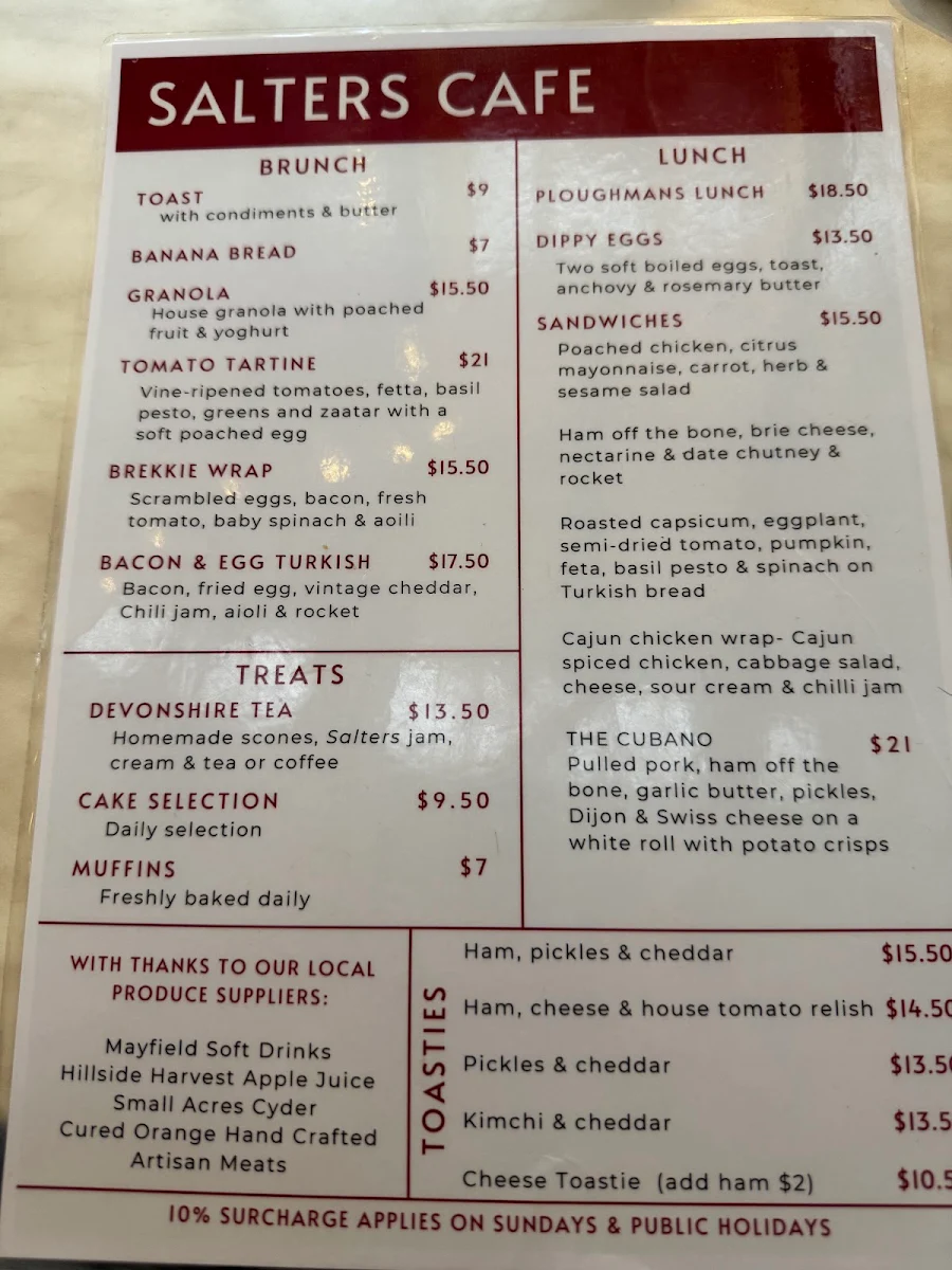 Menu, Salters Café Orange