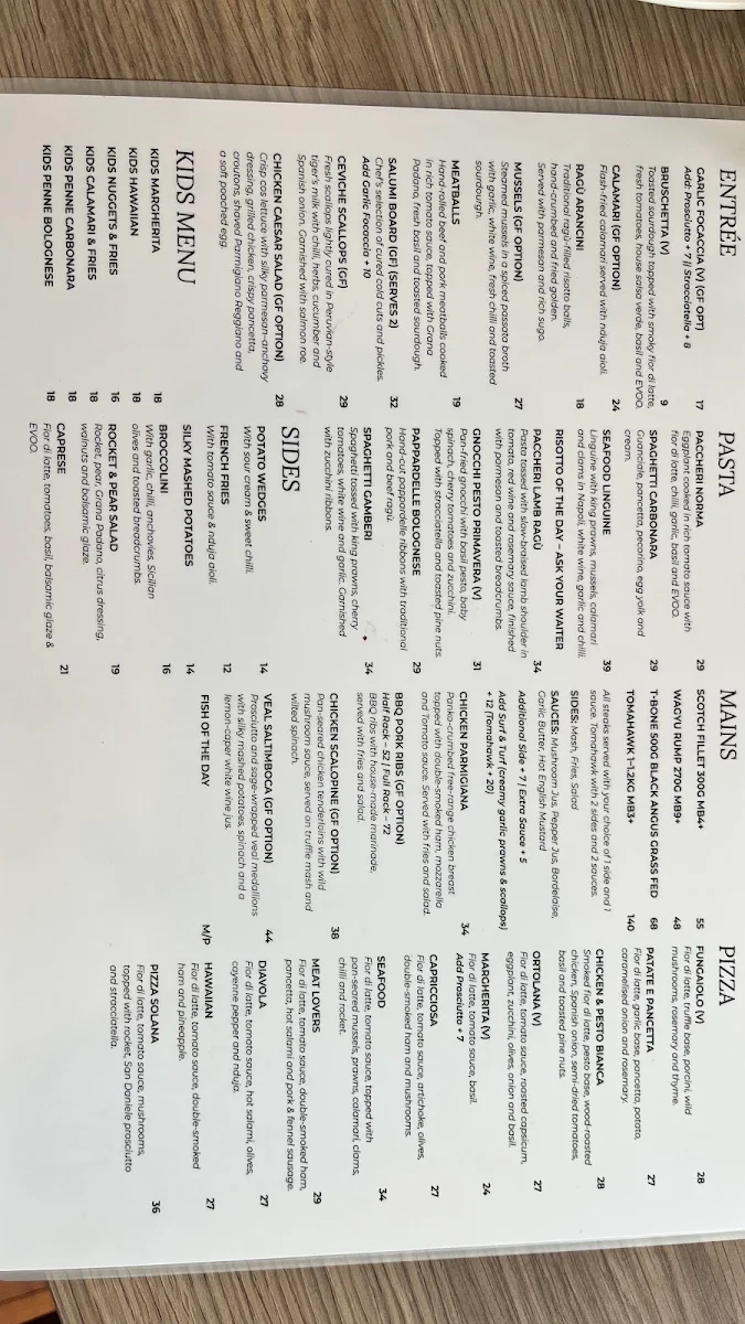 Menu, Solana Italian Restaurant Lower Plenty