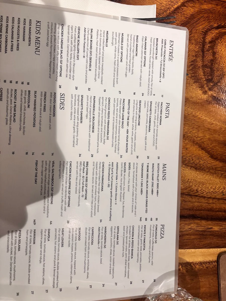 Menu, Solana Italian Restaurant Lower Plenty