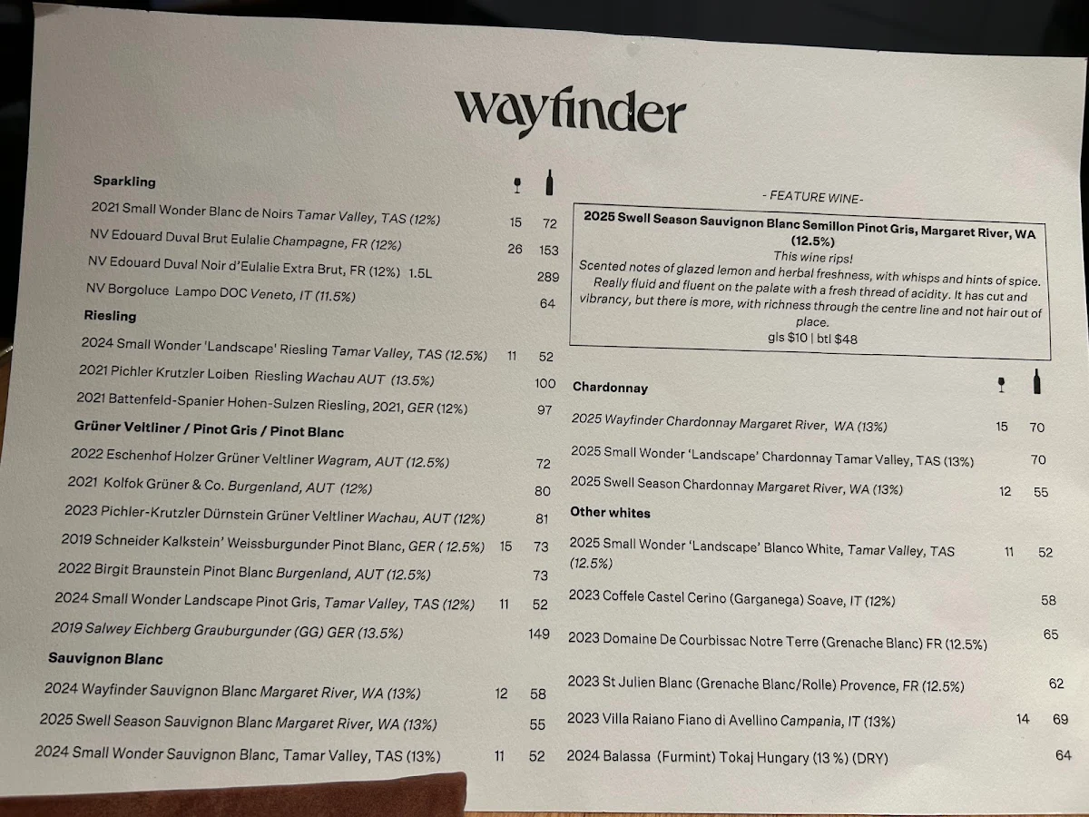 Menu, Wayfinder Wine Bar & Restaurant