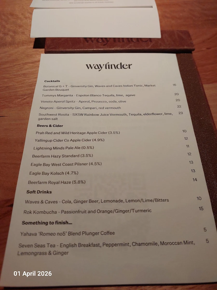 Menu, Wayfinder Wine Bar & Restaurant