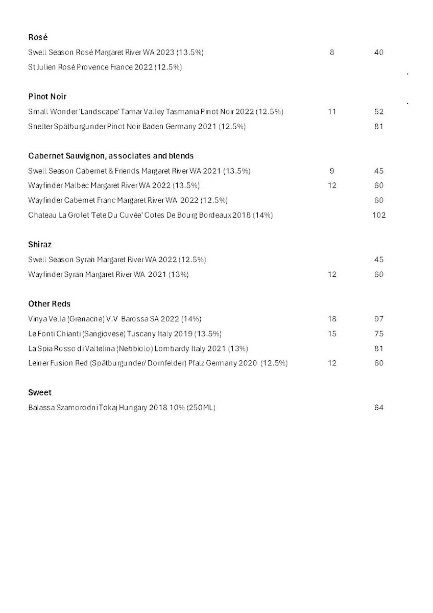 Menu, Wayfinder Wine Bar & Restaurant