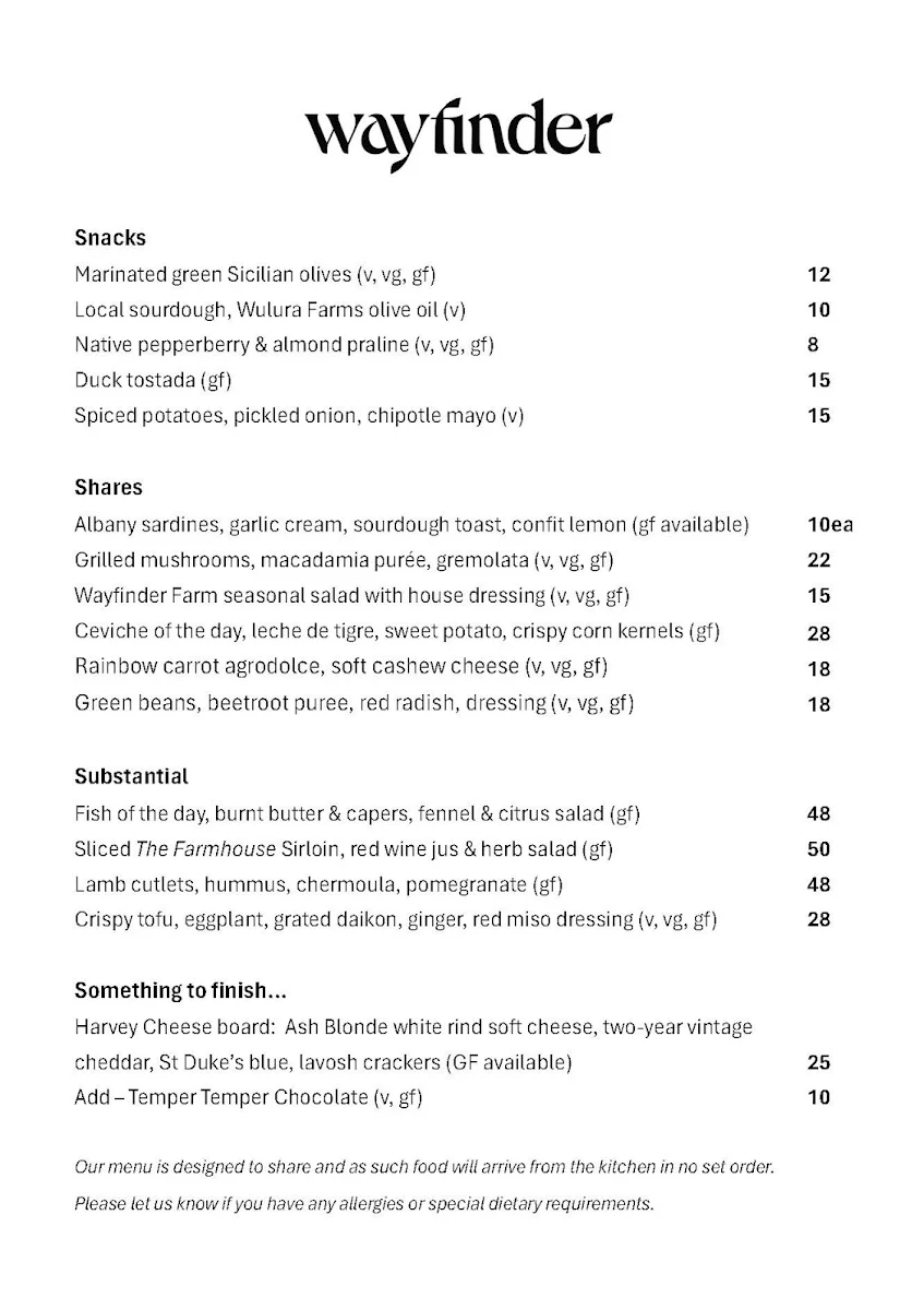 Menu, Wayfinder Wine Bar & Restaurant