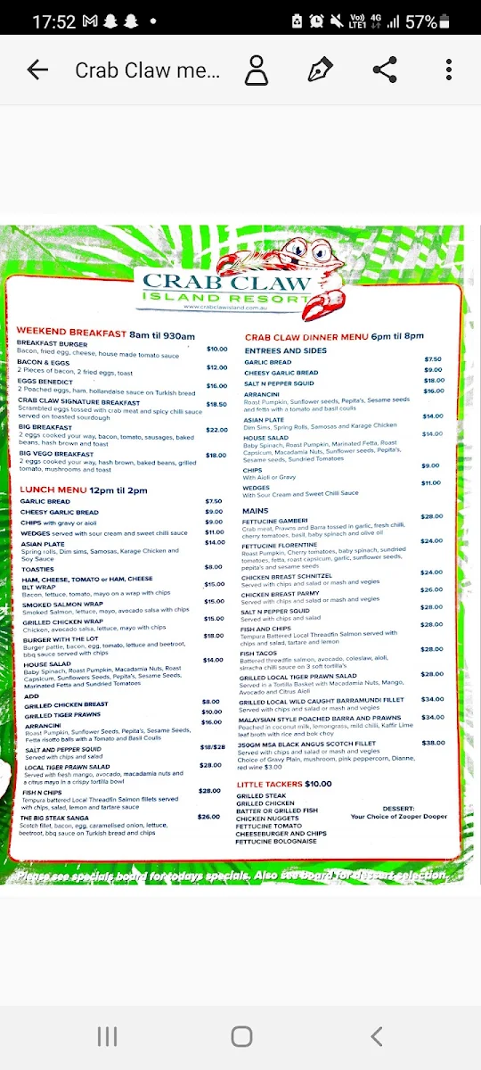 Menu, Crab Claw Island Resort Restaurant