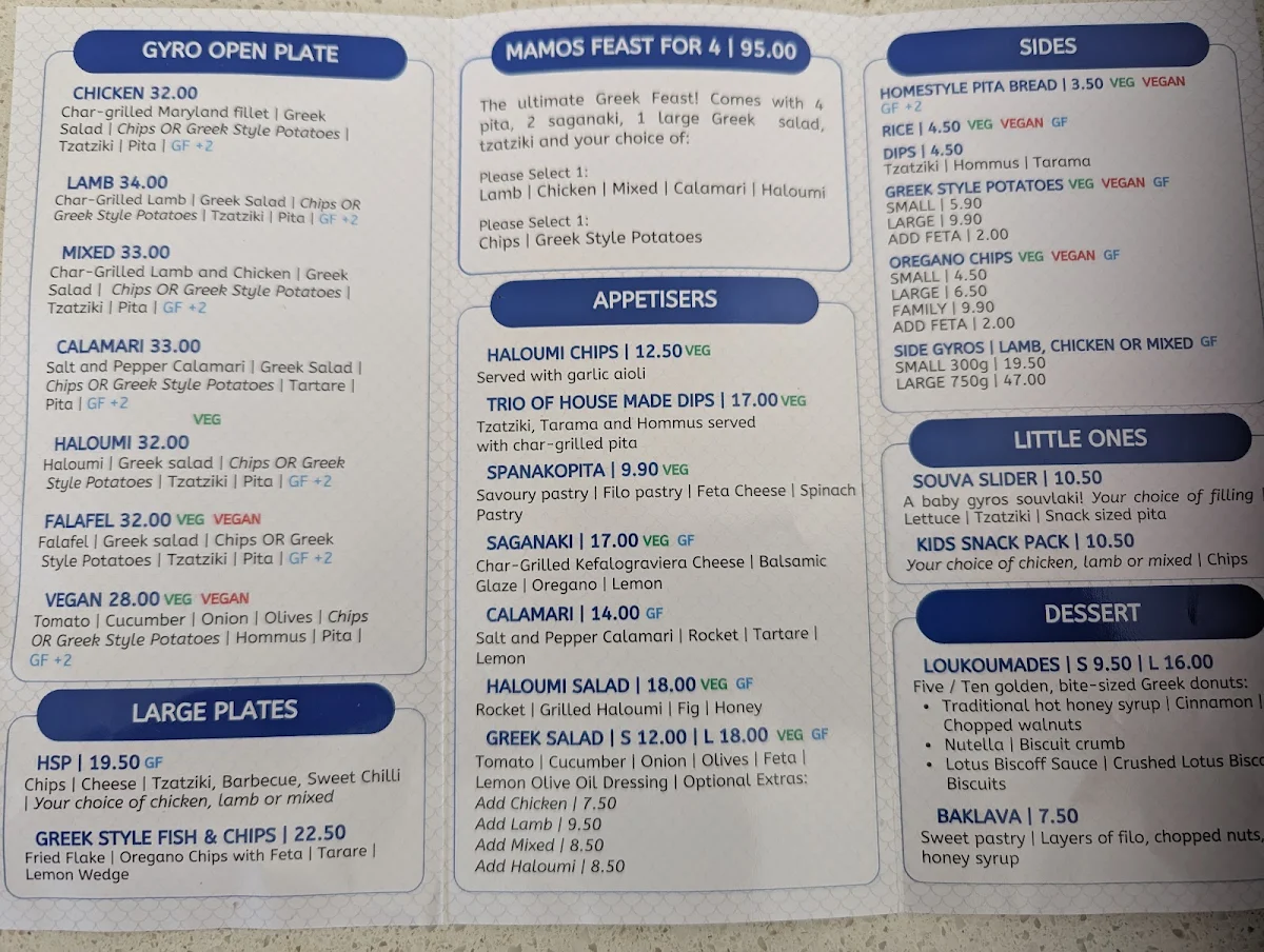 Menu, Mamos Greek Street Food (Northland)