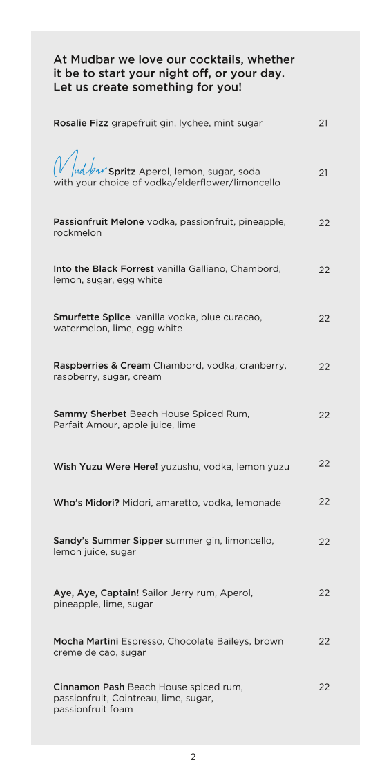 Menu, Mudbar Restaurant Launceston