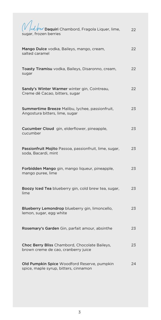 Menu, Mudbar Restaurant Launceston