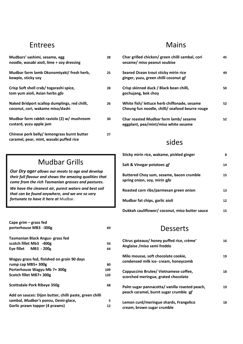 Menu, Mudbar Restaurant Launceston
