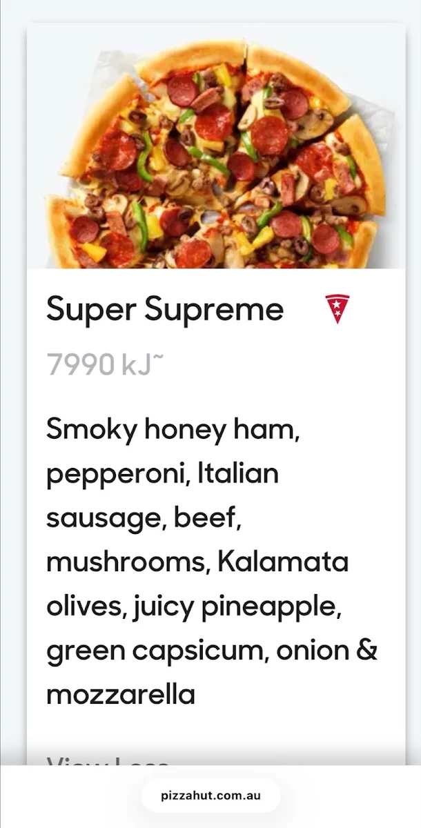 Menu, Pizza Hut Mildura