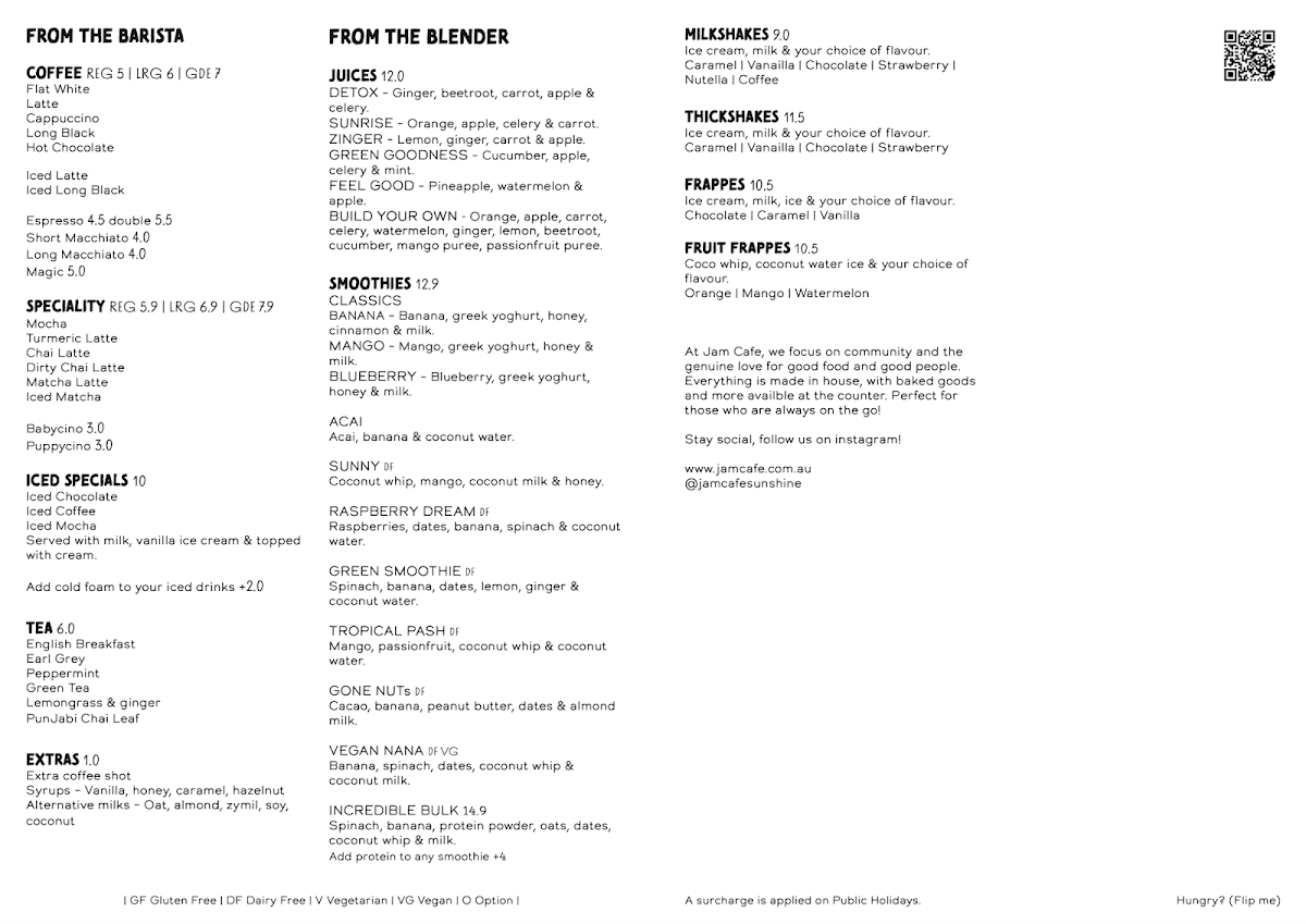 Menu, Jam Cafe