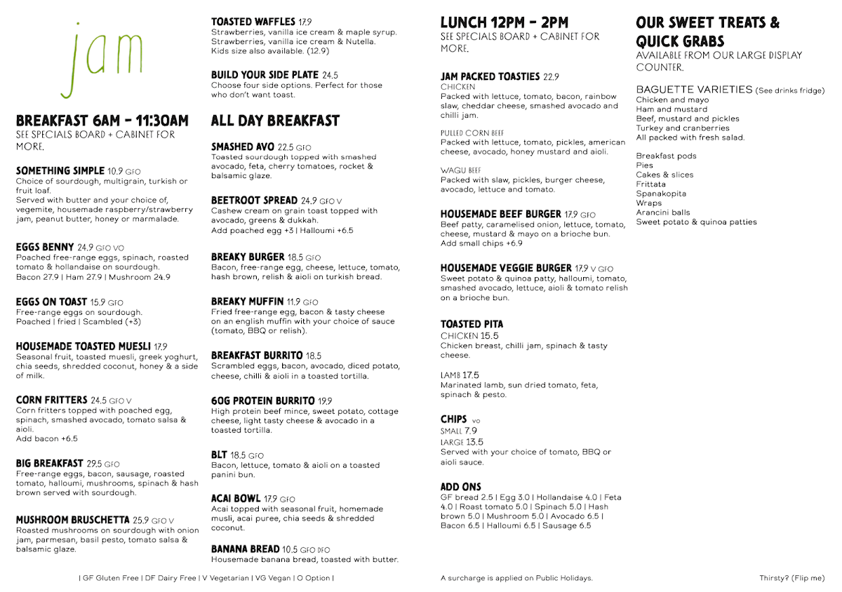 Menu, Jam Cafe