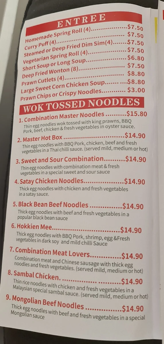 Menu, Umina Asian Noodle & Chinese