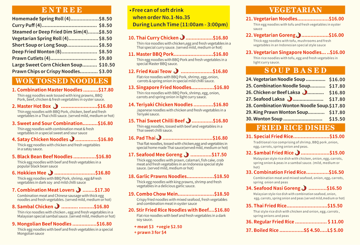Menu, Umina Asian Noodle & Chinese