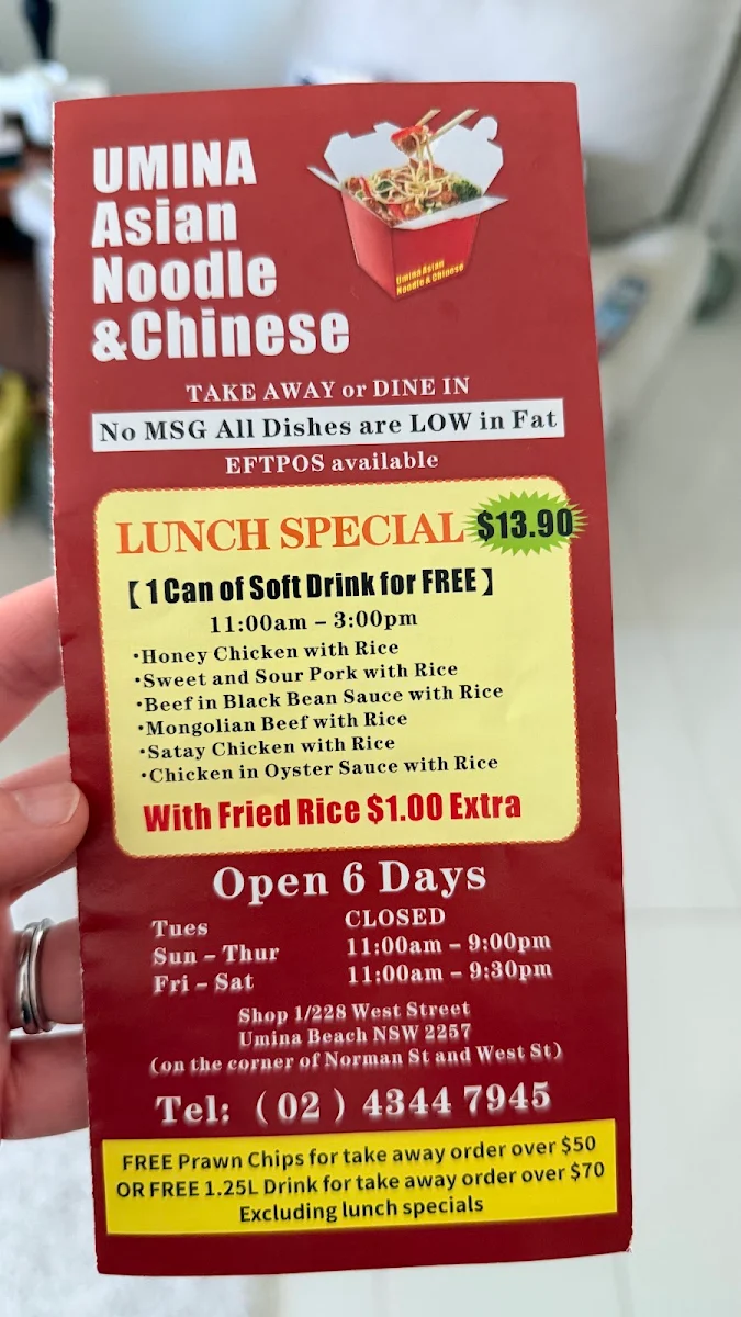Menu, Umina Asian Noodle & Chinese