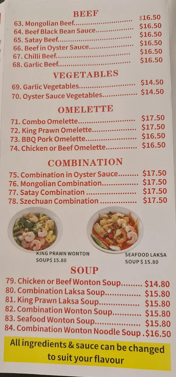 Menu, Umina Asian Noodle & Chinese