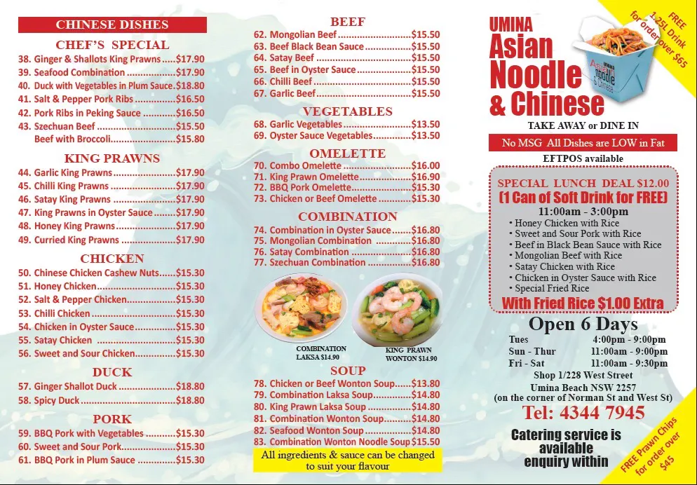 Menu, Umina Asian Noodle & Chinese