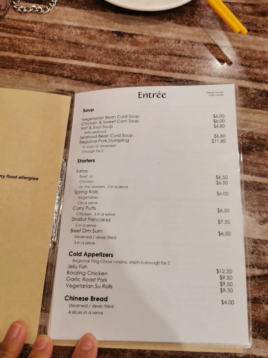 Menu, Ying Chow Chinese Restaurant