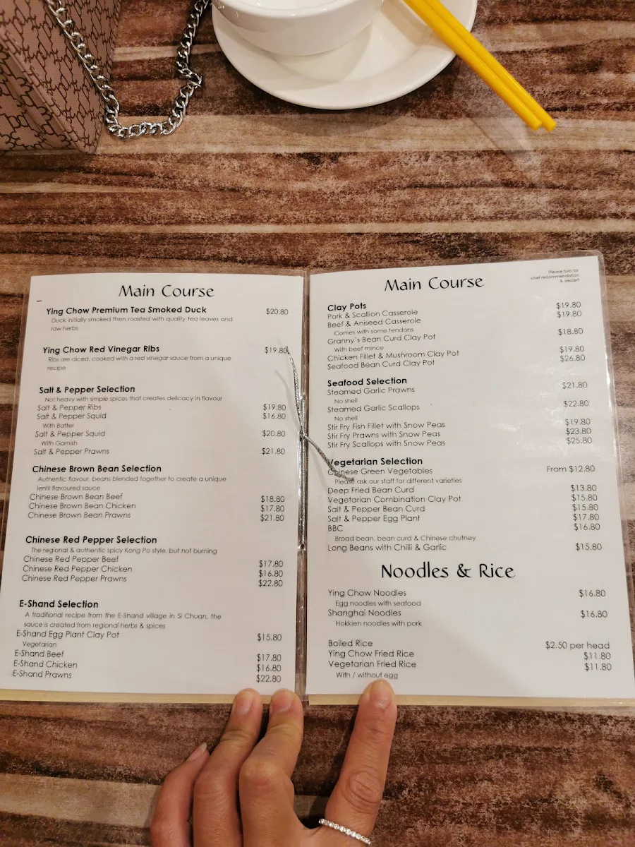 Menu, Ying Chow Chinese Restaurant