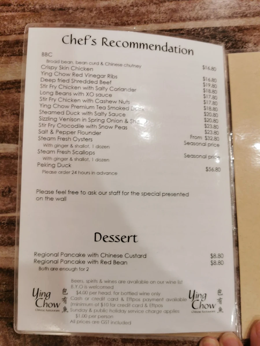 Menu, Ying Chow Chinese Restaurant