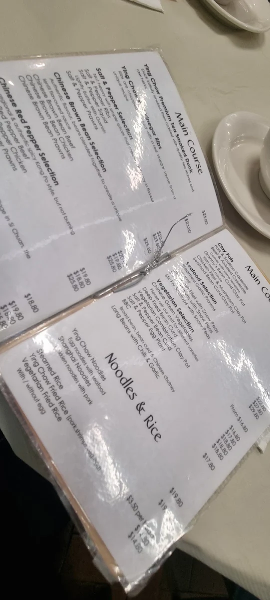 Menu, Ying Chow Chinese Restaurant