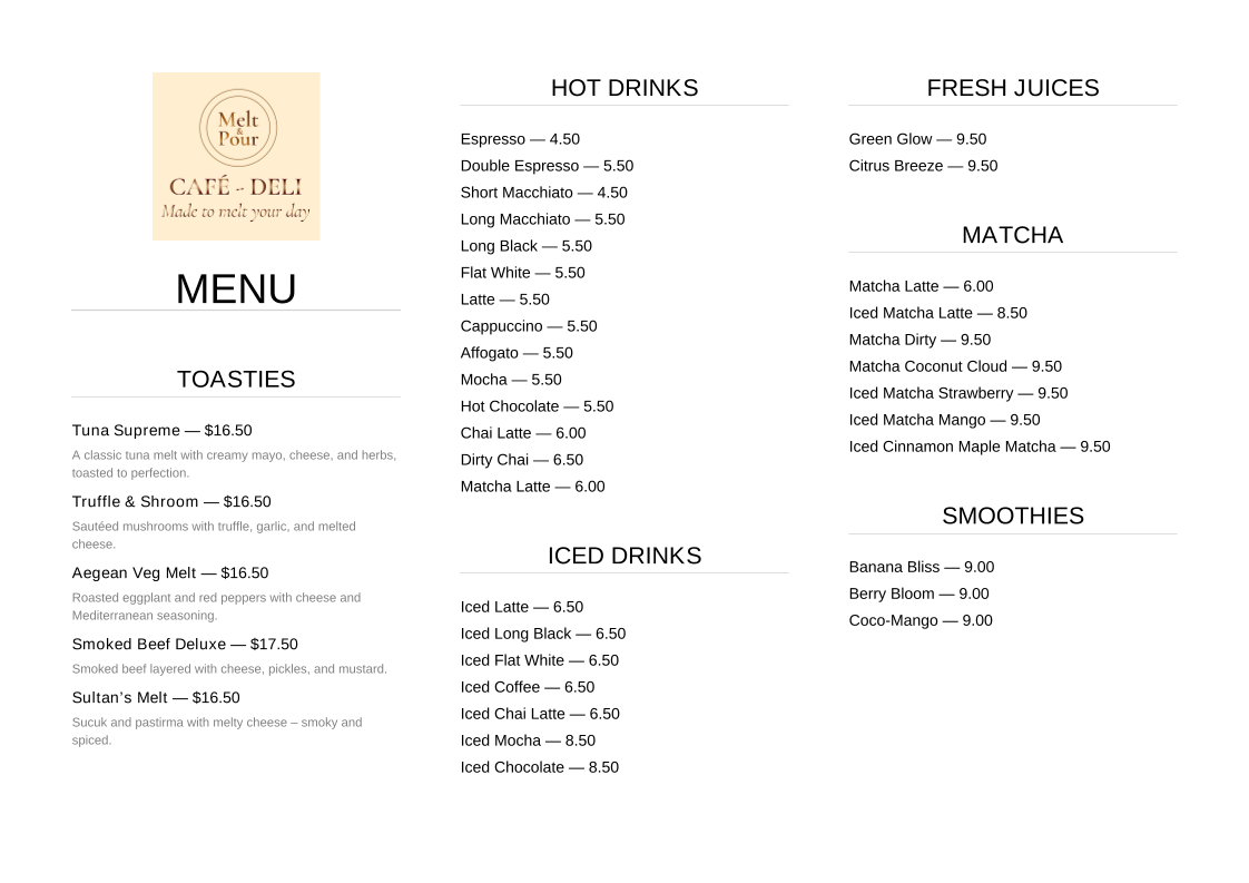 Menu, Melt & Pour