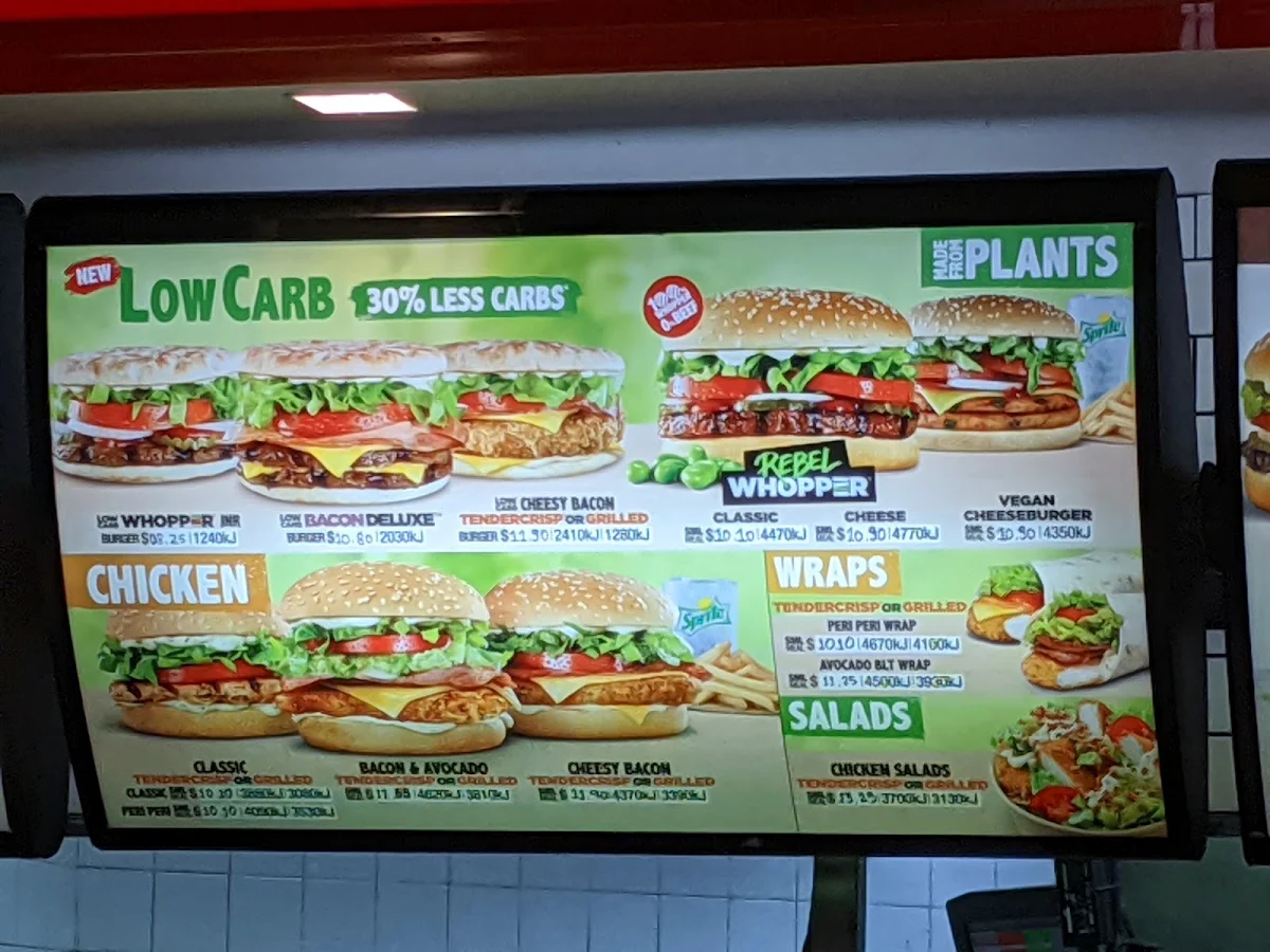 Menu, Hungry Jack's Burgers Macquarie Centre